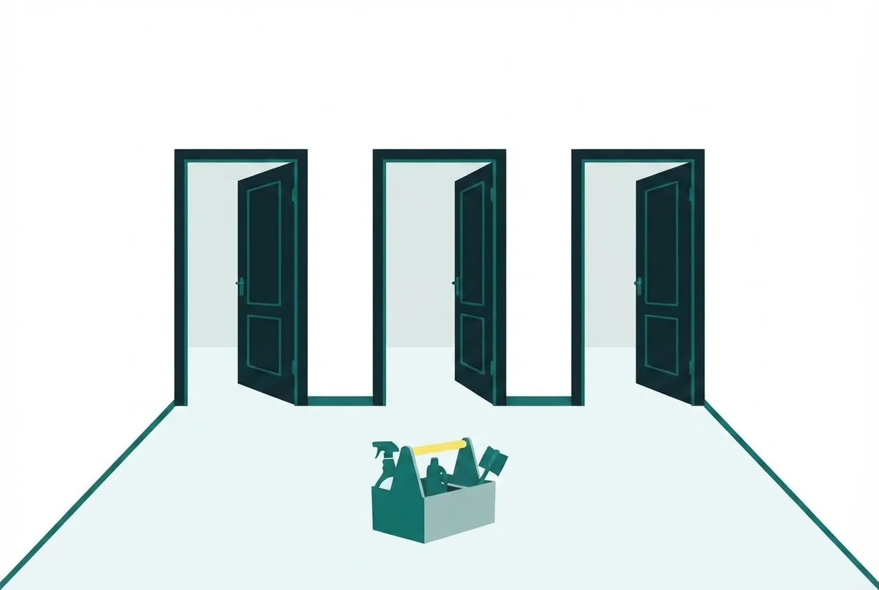 Flat-vector illustration: a tidy hallway seen straight on with doors to three rooms