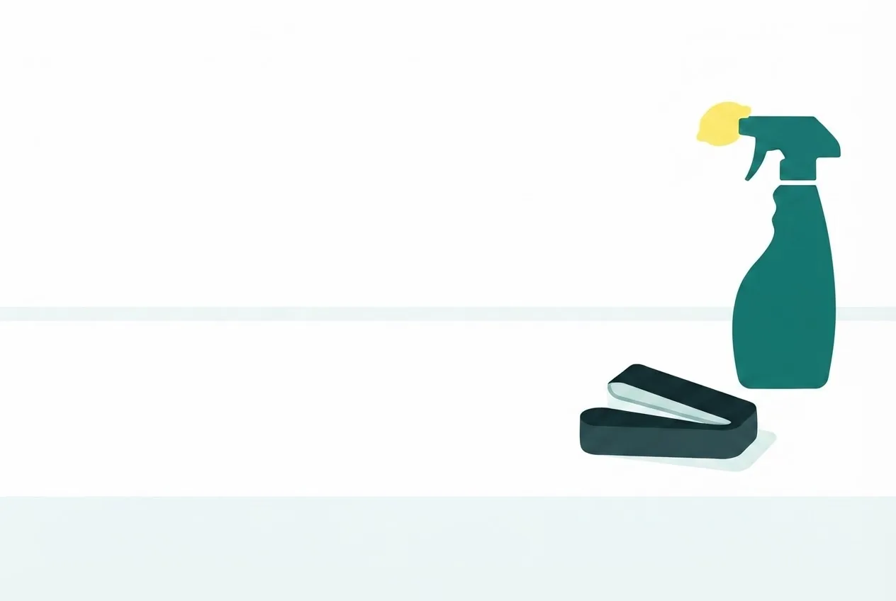 Flat-vector illustration: a spray bottle and a folded tape measure on a bright empty counter