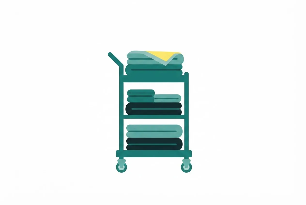 Flat-vector illustration: a housekeeping trolley seen straight on with stacked folded linen