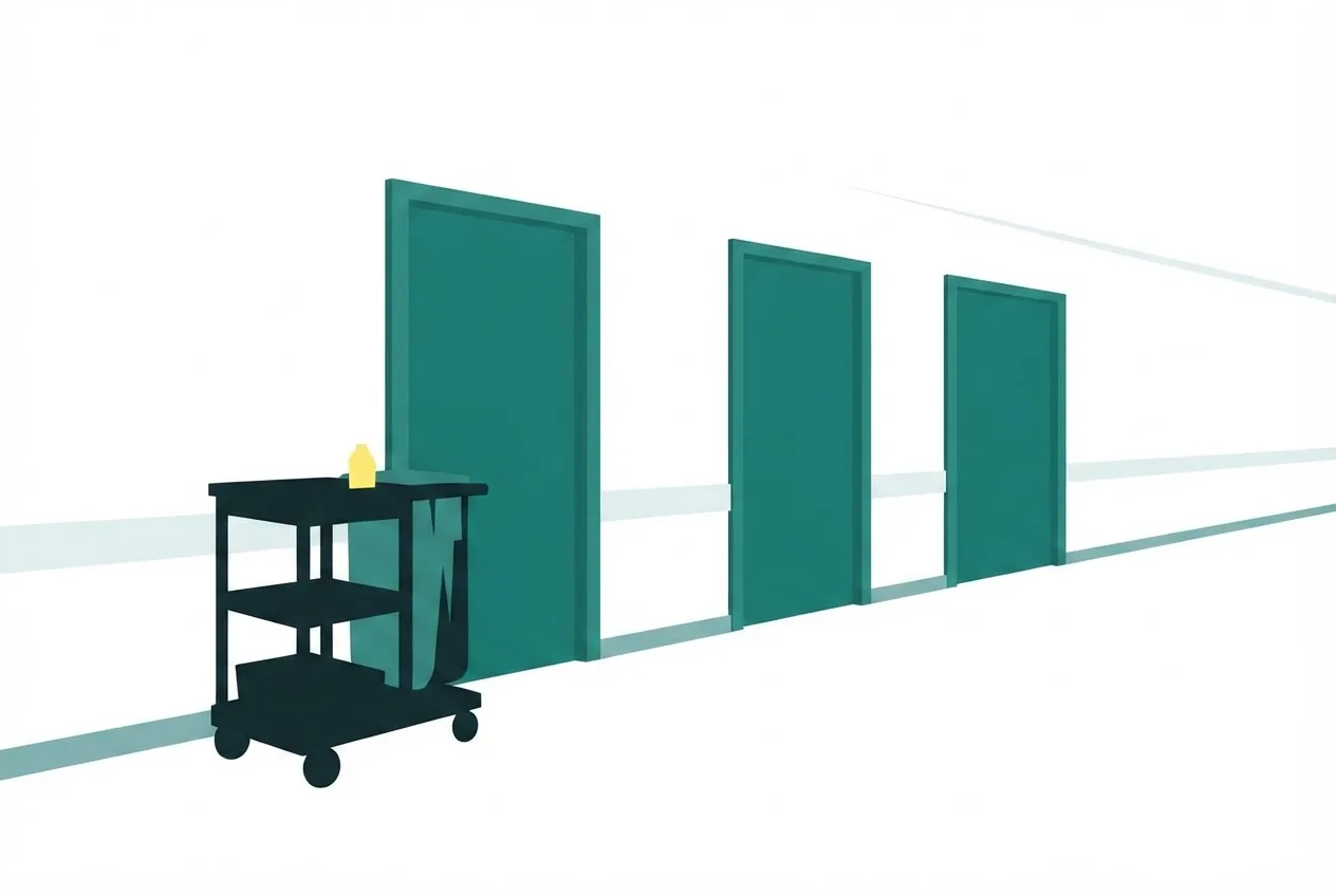 Flat-vector illustration of a corridor with three plain unnumbered doors and a cleaning cart parked at the first