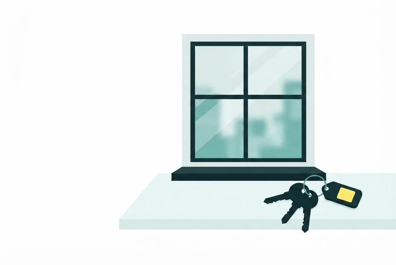 Flat-vector illustration: an empty room with a bare window and a single set of keys on the sill