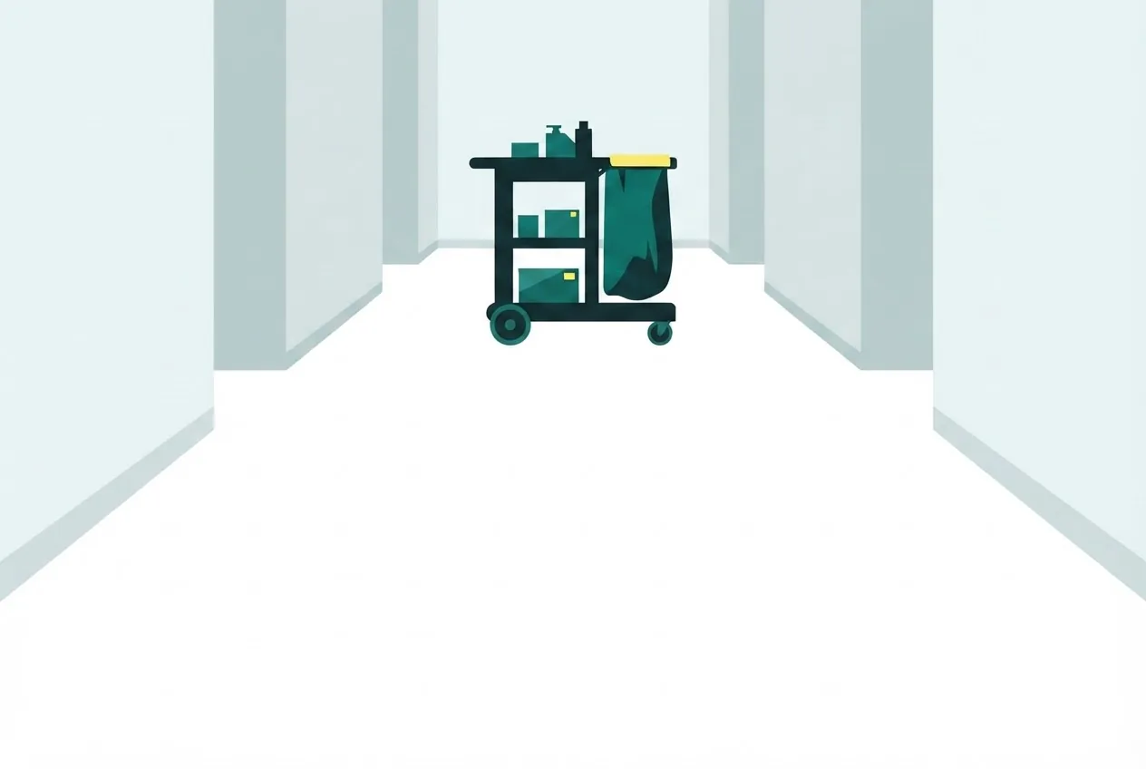 Flat-vector illustration: an empty office corridor seen straight on with a janitorial cart at the far end