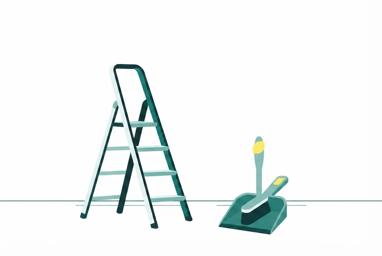 Flat-vector illustration: a bare newly finished room with a step ladder and a dustpan